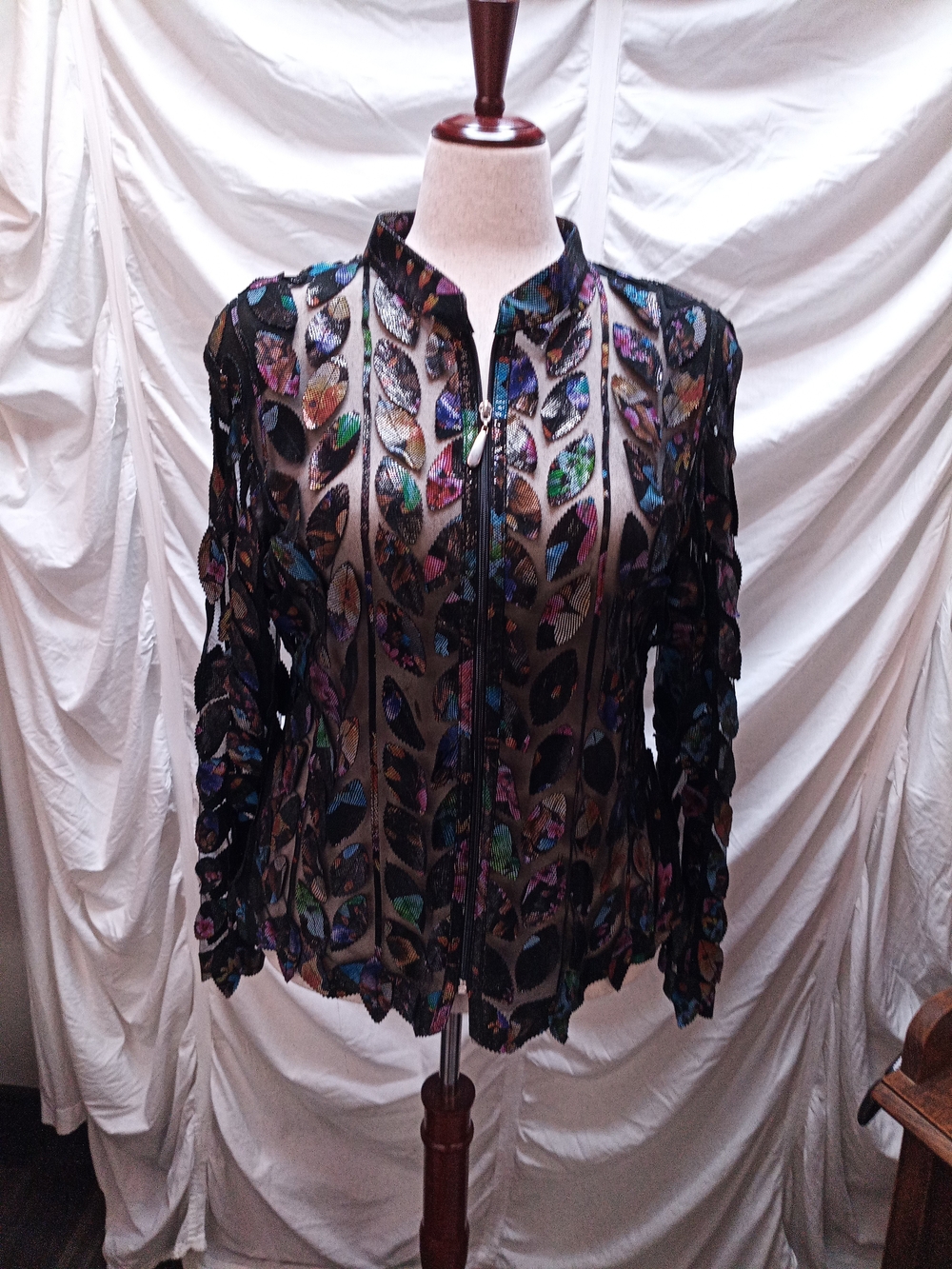 Source Unknown Black Mesh Jacket with Colorful Leaf Appliqués